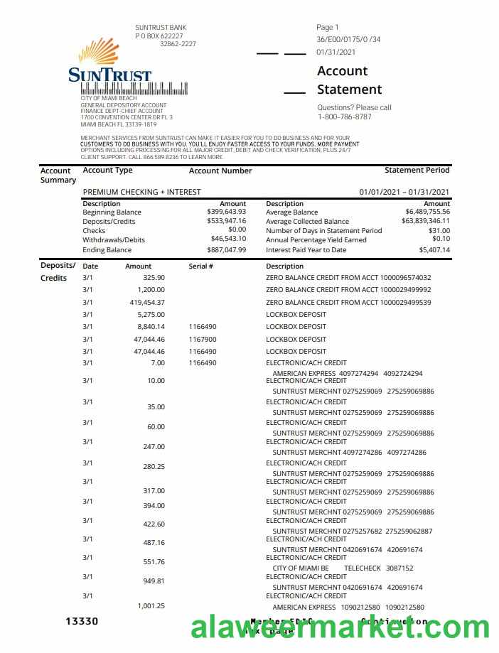 USA SunTrust bank proof of address statement template in .xls and .pdf format